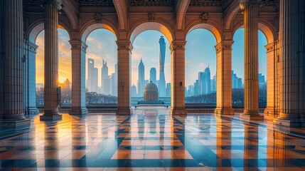 Metropolitan Plaza with Iconic Skyscrapers. morning light reflecting classical elegance, timeless charm, and metropolitan allure in high definition photography styled in urban classicism.