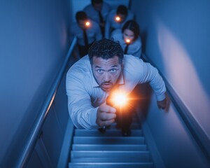 Fototapeta premium Modern Corporate Safety Drill Cohesive Team Escaping via Illuminated Staircase with Security Guidance Emergency Preparedness and Risk Management for Urban Workspaces