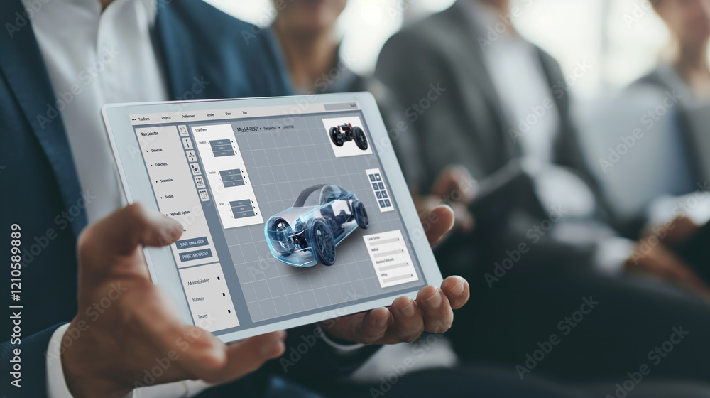 Poster electric car design software on computer screen showing simulation blueprint brisk by digital calcul