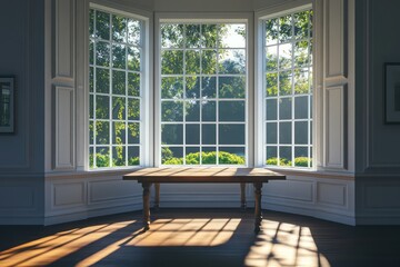 Fototapeta premium A serene dining room with sunlight pouring through a large bay window, casting sharp shadows on the table