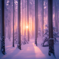 a winter forest at sunrise. The lighting is soft and magical, full of pastel pinks and purples. The sunlight streams through the snowy pine trees.

