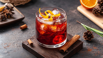 Mulled Wine with Orange Zest and Cinnamon Stick in Glass Cup