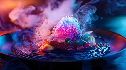 Futuristic dessert with vibrant neon hues, delicate sugar lattice and dramatic smoke effects. Striking representation of high-concept food blending art, innovation and culinary sophistication