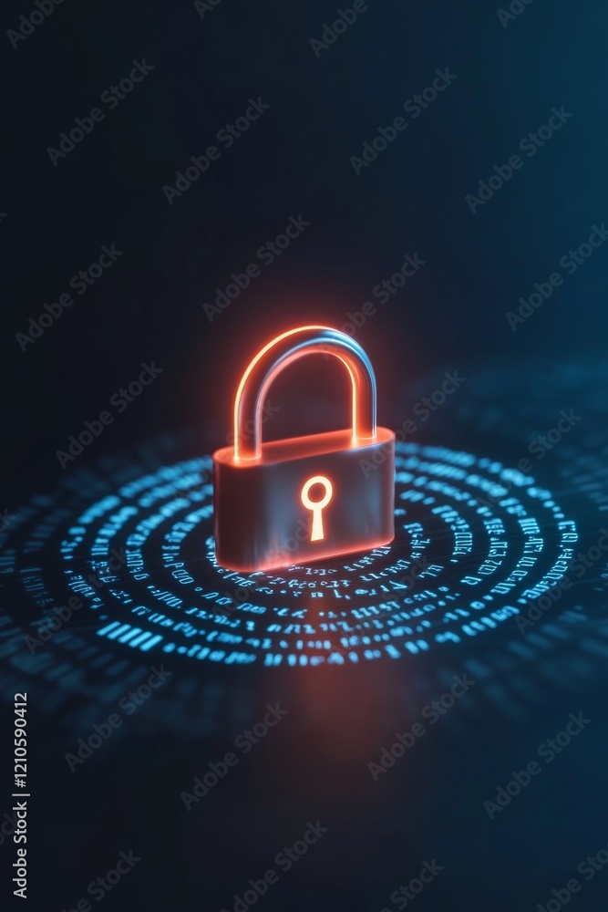 Poster Futuristic Cybersecurity Interface Glowing Blue Padlock with Rotating Binary Code Digital Privacy and Protection for Modern Business and Tech Innovation