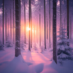 a winter forest at sunrise. The lighting is soft and magical, full of pastel pinks and purples. The sunlight streams through the snowy pine trees.

