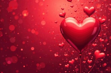 Shiny red heart balloon surrounded by floating hearts on a glowing red background