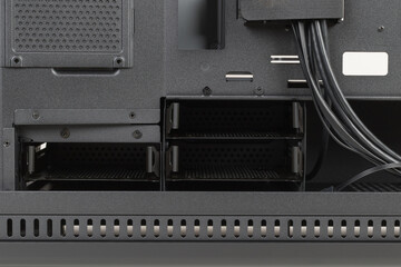 Side view of empty  big tower, PC case, chassis, without  right  metal panel . Place for three HDDs. Storage capacity for data storage needs.