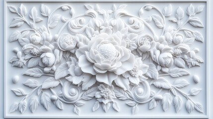 Intricate white floral carving, wall decor, ornate design, background texture