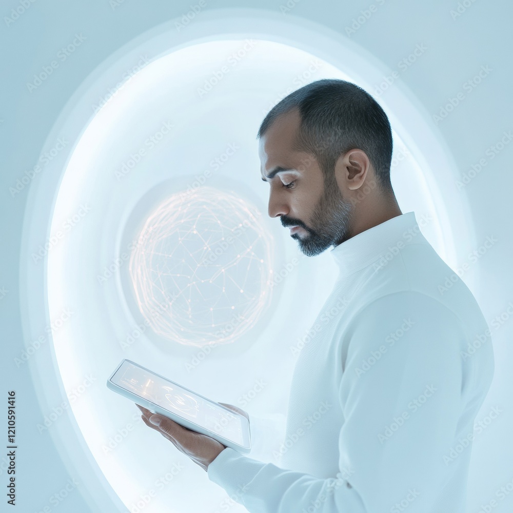 Poster futuristic wellness integration indian consultant analyzing health data on transparent tablet in min