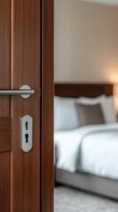 Obraz premium The entrance to a contemporary hotel room features a sleek wooden door, complemented by soft, warm lighting that fills the space, creating a welcoming atmosphere during the evening hours