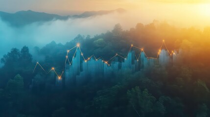 Sunrise over misty mountain forest with superimposed graph showing growth.