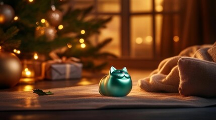 Green wooden cat ornament in a festive holiday setting. Generative AI