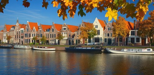 Fototapeta premium Autumn scenery of traditional Dutch houses along a canal with boats and vibrant fall leaves