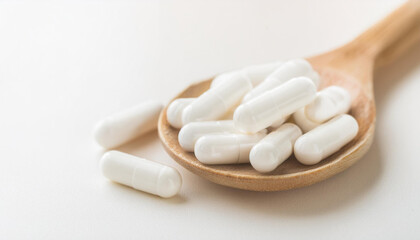 Vitamin capsules on wooden spoon. Healthy lifestyle. Mineral supplement, antioxidant. Medicine