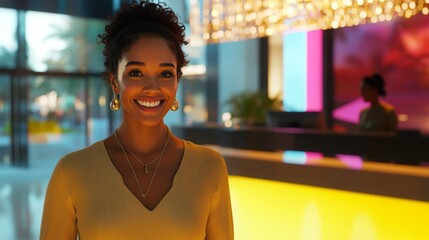 A  receptionist welcoming a visitor with a polite gesture in a brightly lit lobby