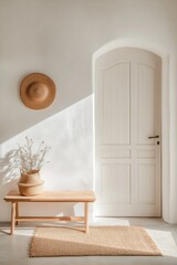 Minimalist Indian Interior Light-Filled Entryway with Wooden Bench and Jute Rug - Eco-Friendly Home Decor for Urban Realty and Design Innovators