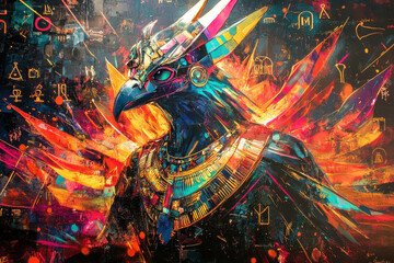 Abstract depiction of Horus, the ancient Egyptian falcon-headed god, surrounded by vibrant hieroglyphic symbols and fiery, radiant energ