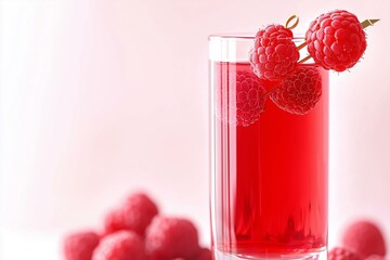 A vibrant red cocktail placed against a soft pink backdrop, with fresh raspberries adorning the glass, evoking a sweet and refreshing vibe.