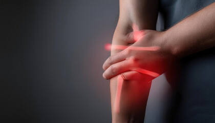 Close-up of hands illustrating discomfort with a red glow symbolizing pain in the arm and wrist area during a medical demonstration
