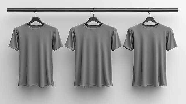 Three gray t-shirts hanging on a minimalist clothing rack against a plain white wall, suitable for fashion display or retail use