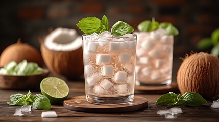 Refreshing coconut drink with ice and mint.