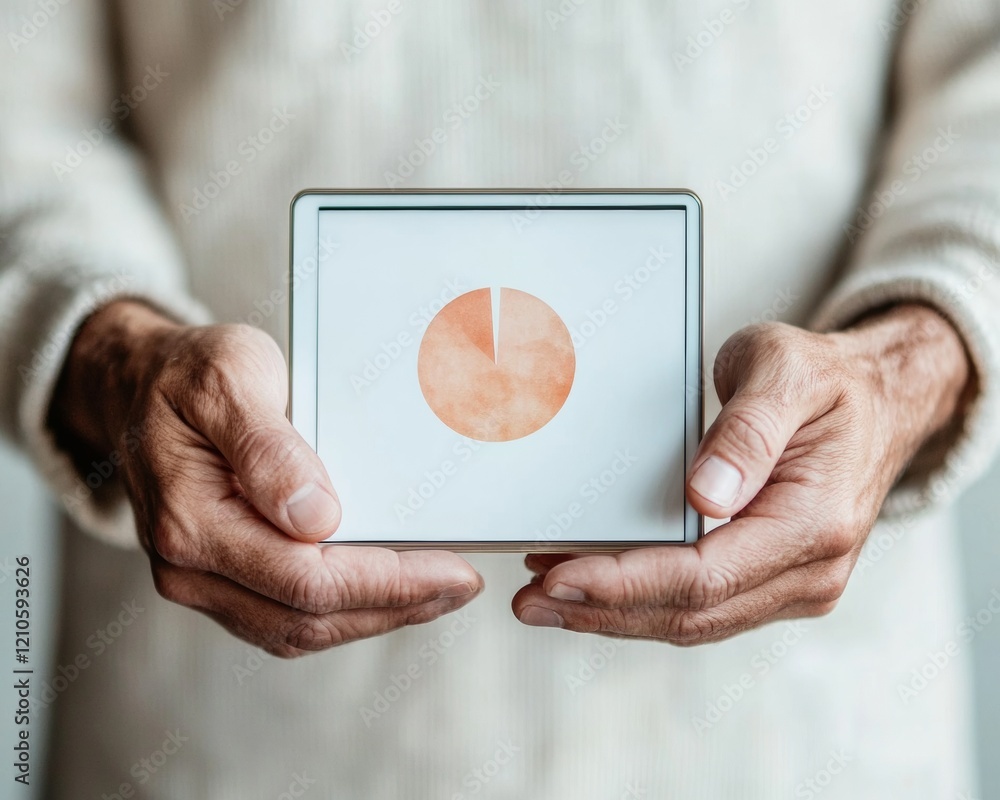 Aufkleber minimalist tech workspace hands-on digital collaboration with tablet pie chart - innovative business