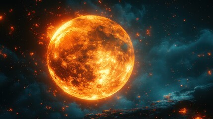 A vibrant depiction of a fiery sun against a dramatic cosmic backdrop.