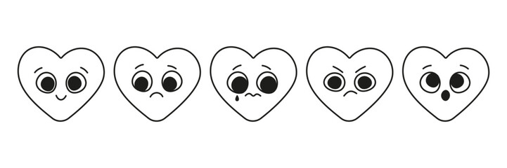 Heart emoji set with different expressions in line art style. Vector illustration.