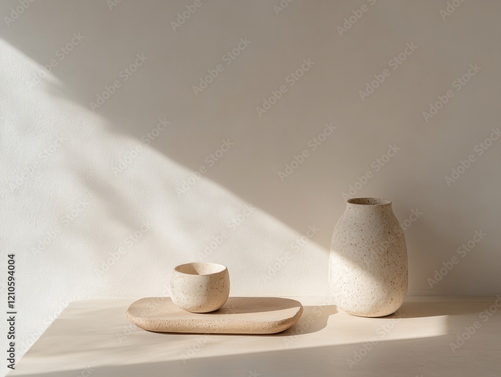 Aufkleber minimalist ceramic workspace set textured vases and dish in soft neutral light - modern design for c