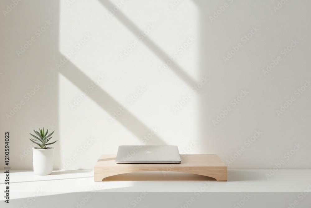 Poster scandinavian workspace design minimalist white desk with wooden laptop stand and succulent - enhance