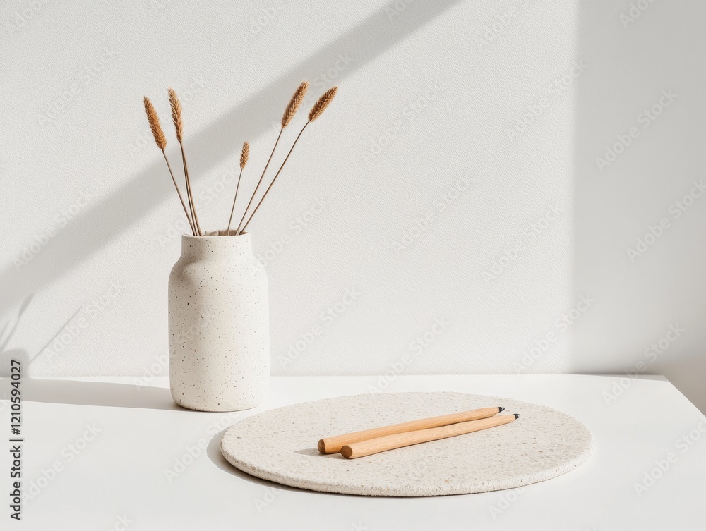 Poster Scandinavian Minimalist Home Office Neutral Textured Desk Setup for Modern Workspaces - Functional Design for Contemporary Professional Environments