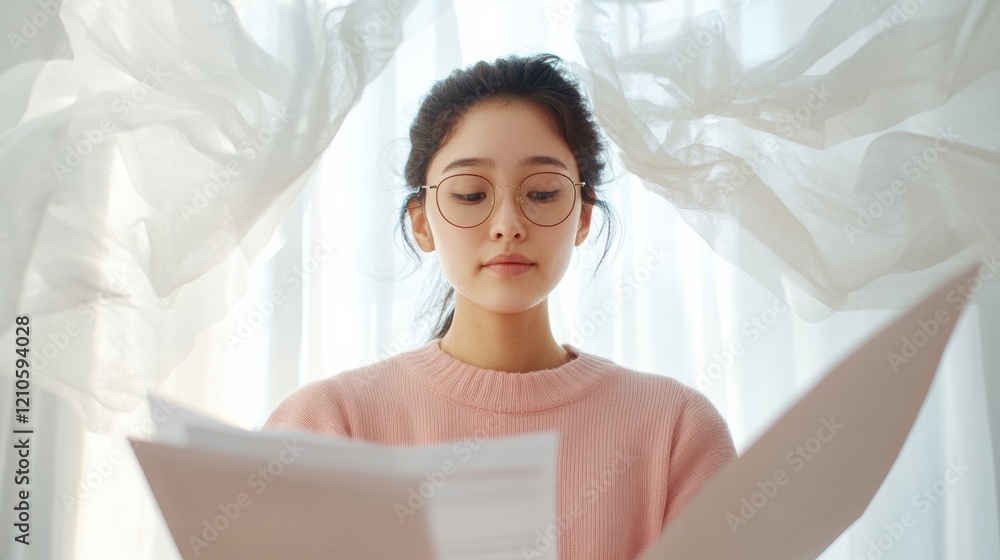 Poster Modern Minimalist Workspace Efficient Paper Filing with Sheer Curtains in Natural Light - Streamlined Office Design for Young Professionals and Productivity Enhancement