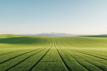 Naklejka premium Modern Biophilic Design Panoramic Lush Green Fields and Snow-Capped Mountains for Sustainable Marketing and Wellness Content Creation