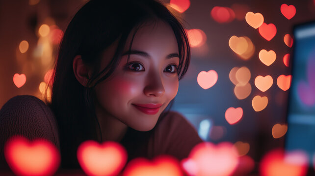 Couple experiencing augmented reality hearts in a romantic setting