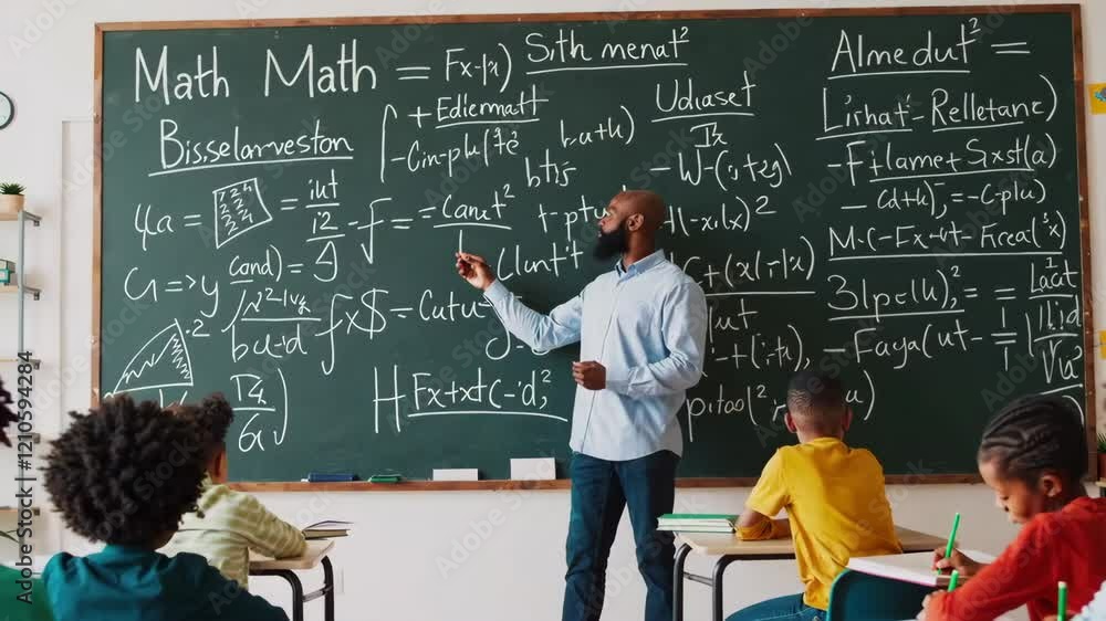 Poster teaching math concepts in a classroom scene with engaged students footage