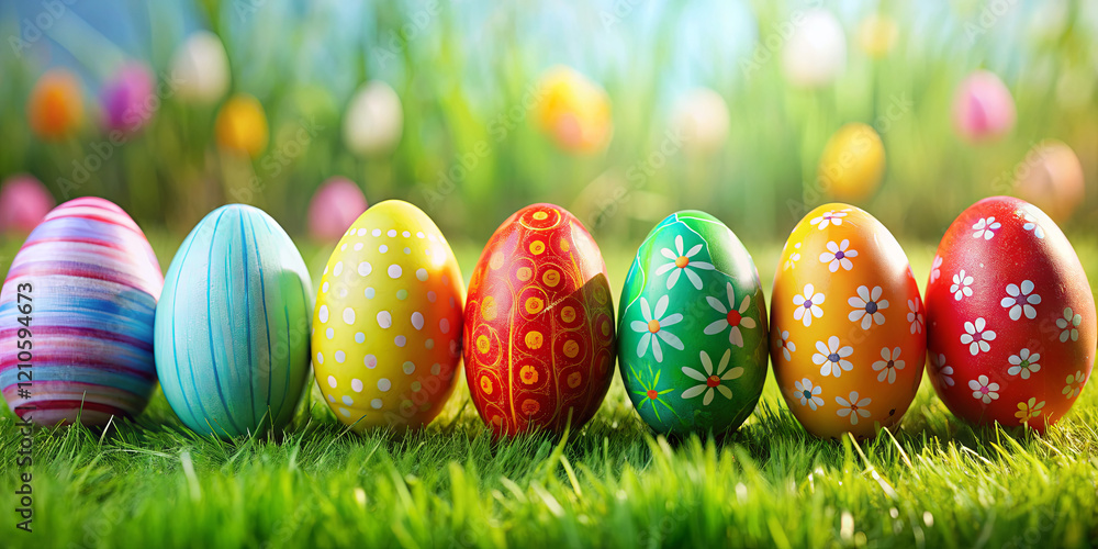 Poster brightly colored eggs in various patterns sit lined up on fresh green grass. the background features