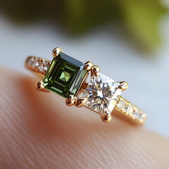 
ring deisgn, dual dimond, dual stone, one rectanger green dimond 1ct, princess cut, one round dimond 1ct, similar to carier style, simple, classic

