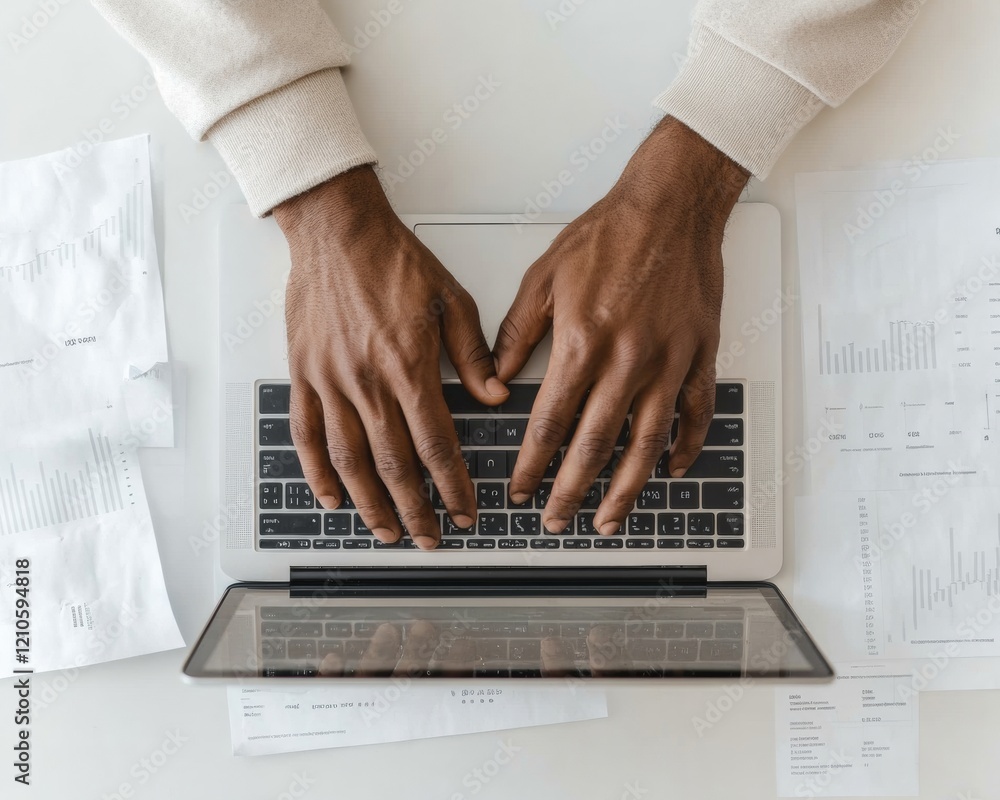 Poster modern fintech workspace black man analyzing stock graphs on sleek laptop in minimalist home office 