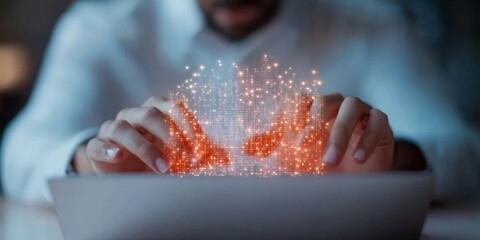 Futuristic Fintech Collaboration Diverse Team Engaged in Digital Strategy over Holographic Interface in Sleek, Modern Workspace - Corporate Innovation and Tech Empowerment