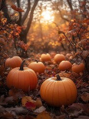 Pumpkins in autumnal forest at sunset.