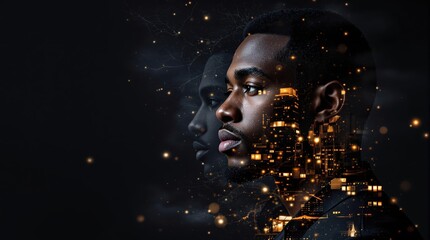 Futuristic double exposure portrait with city lights and reflective overlay