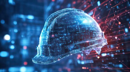 Digital holographic hard hat, futuristic construction safety.