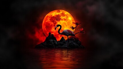 Flamingos Silhouette Under Blood Moon