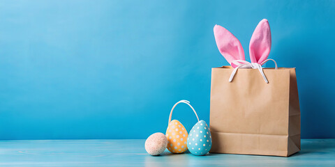 A brown paper bag adorned with pink bunny ears sits on a blue surface, accompanied by pastel-colored eggs in various designs, signaling Easter celebrations