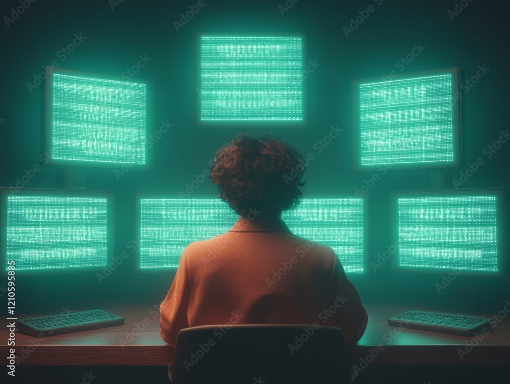 Poster Cybersecurity Interface Futuristic Workspace with Multiscreen Encryption Displays - Advanced Threat Prevention for Digital Marketing and Tech Innovation