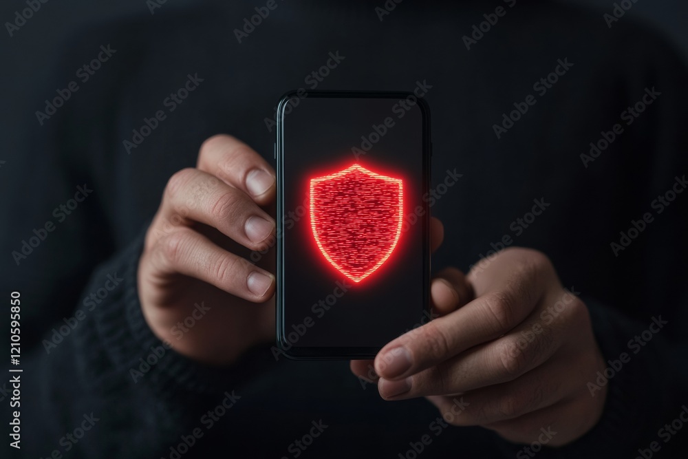 Poster Cutting-Edge Cybersecurity Visual Young Black Man (28) with Smartphone Featuring Biometric Fingerprint Authentication and Glowing Shield - Tech Innovation for Secure Mobile Transactions