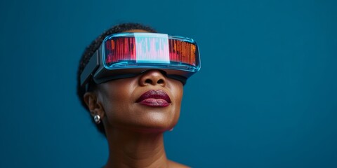 Augmented Reality Cybersecurity Display African American Female Executive Analyzing Digital Metrics in Futuristic Blue Hue - Business Innovation and Secure Digital Collaboration