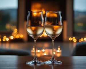 Two wine glasses clink before a fireplace, with a blurry heart garland in warm golden tones. The cozy atmosphere evokes romance, perfect for Valentine's Day ads, love celebrations, or promotions.