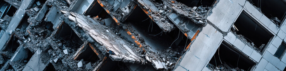 Demolished Concrete Building Structure with Exposed Wiring and Rubble