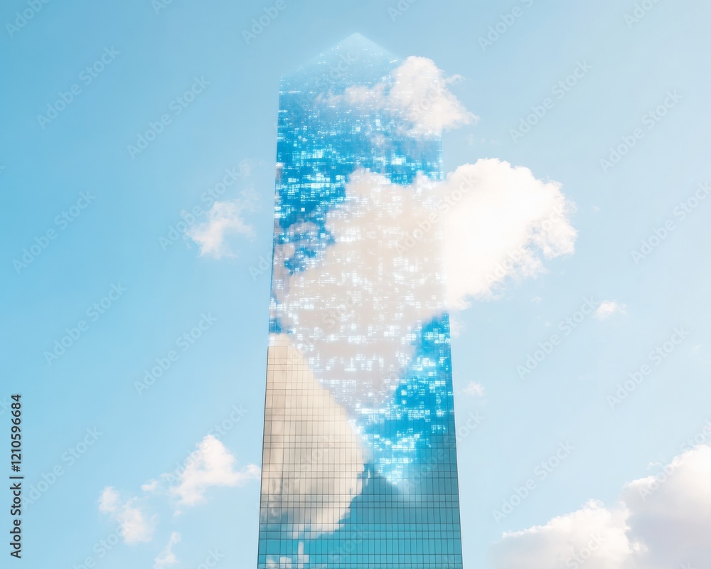 Aufkleber Futuristic Urban Weather Display Sleek Glass Skyscraper with Digital Cloud Overlays - Interactive Meteorology for Smart Cities and Tech-Driven Urban Planning